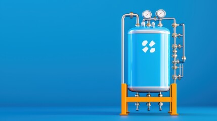 Poster - Blue Pressure Vessel with Gauges and Pipes on Blue Background