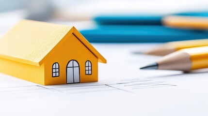 Poster - Yellow Model House on Architectural Blueprint with Drawing Tools