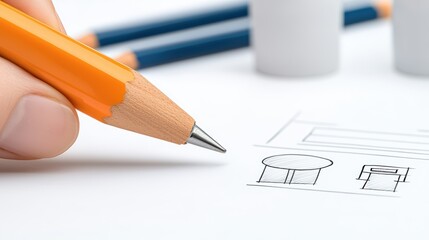 Poster - Hand Holding Pencil Drawing Simple Furniture Designs on Paper