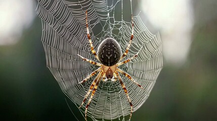Wall Mural -   A close-up image of a spider on its web in sharp focus, while the background is blurred