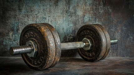 Aufkleber - Old and rusty dumbbell rests on the floor against a grunge wall background, creating a powerful image of strength, resilience, and the passage of time