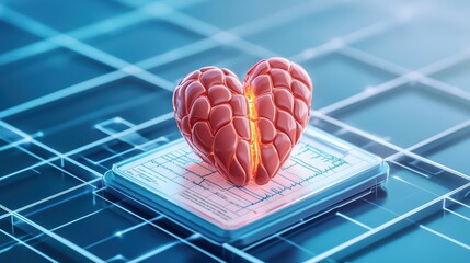 Poster - Heart Shaped Model with Brain Texture on Digital Technology Background