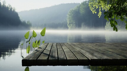 Wall Mural -   A wooden dock overlooking a serene lake surrounded by dense forests of lush greenery