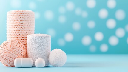 Poster - Textured pastel objects on a blue background with bokeh effect