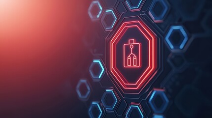 Poster - Futuristic Hexagon Background with Luggage Tag Icon in Neon Light