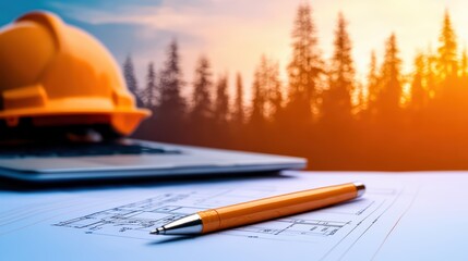 Poster - Construction Site Planning with Documents and Laptop at Sunset