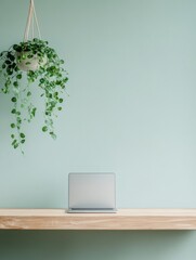 Poster - Minimalist Workspace with Hanging Plants and Laptop on Wooden Desk