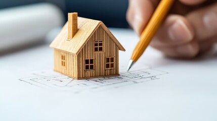 Poster - Small wooden house model on architect plans with pencil in hand