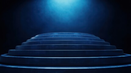Poster - Blue Lighted Steps Leading Towards a Dark Background in Minimalistic Style
