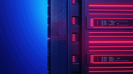 Poster - High-Tech Server Rack with Neon Glow in a Data Center Environment