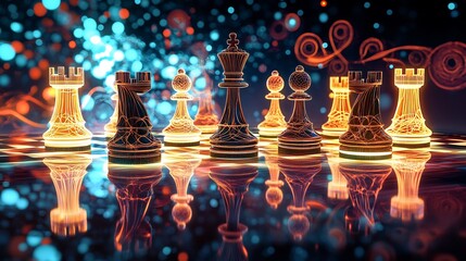 Poster - Competitive advantage shown illuminated chess pieces a reflective board surrounded by abstract glowing designs