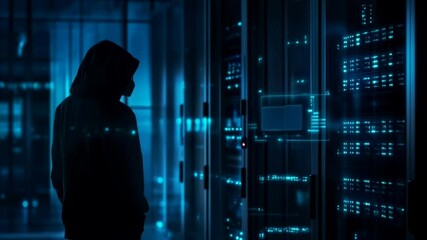 Poster - Hooded hacker in corporate data center. Rows of rack servers. AI training cluster and Artificial Intelligence. Cloud data storage. Cybercrime and network security. Digital information protection
