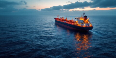 Wall Mural - Large cargo ship sailing on open sea at sunset. Ocean freight transportation. Global trade and logistics concept. Maritime industry scene with dramatic sky