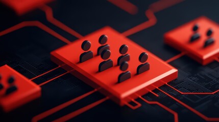 Poster - People Icons on Red Squares Connected by Circuit Design Background