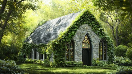 Poster -   A painting of a stone church adorned with ivy on its roof and a cross on its door