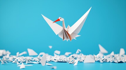 Poster - Elegant Origami Crane Against Vibrant Blue Background with Paper