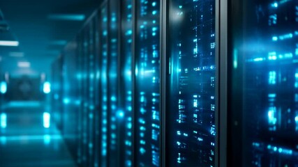 Poster - Hooded hacker in corporate data center. Rows of rack servers. AI training cluster. Cloud data storage. Cybercrime and network security. Digital information protection.