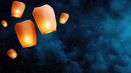 Wall Mural - Floating Lanterns in the Night Sky with Twinkling Stars