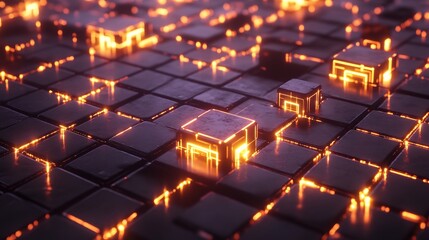 Poster - Blockchain technology visualized glowing interconnected blocks forming radiant decentralized network