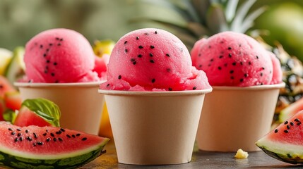 Wall Mural - Three scoops of refreshing pink watermelon sorbet in paper cups, garnished with black seeds, alongside fresh watermelon slices and pineapple.