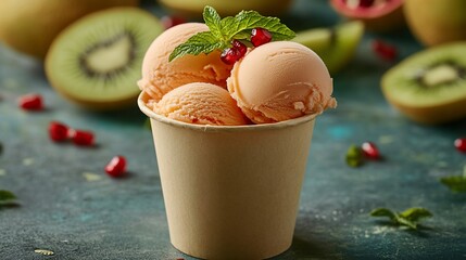 Wall Mural - Peach sorbet in a paper cup with kiwi and pomegranate.