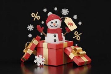 Poster - A cheerful snowman pops out of a red gift box, surrounded by snowflakes and percentage signs, signifying Christmas discounts.