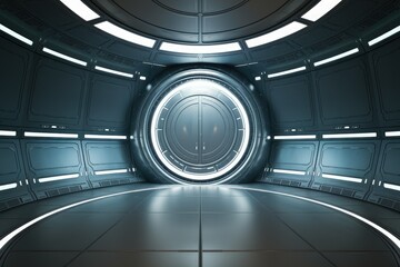 Leinwandbilder - Futuristic spaceship corridor with illuminated circular door, sleek metallic walls, and glowing panels.