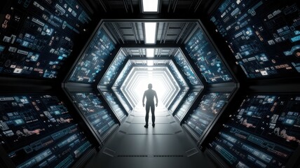 Leinwandbilder - A lone figure stands in a futuristic spaceship corridor, surrounded by glowing digital displays.