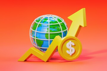 Poster - Global economic growth visualized with an upward trending arrow and a globe, symbolizing rising global finance.