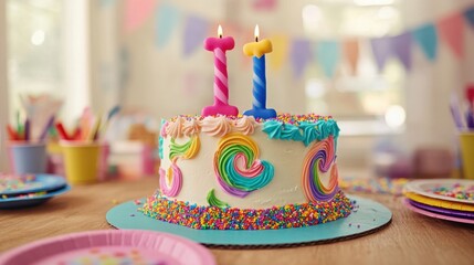 Wall Mural - Rainbow-themed birthday cake with candles in a bright setting.