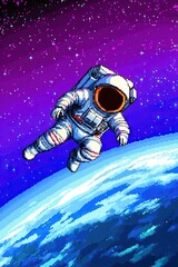 Wall Mural - 16-bit pixel art astronaut in space 