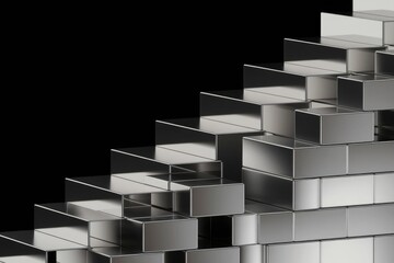 Poster - Abstract 3D rendering of a metallic staircase structure, composed of sleek, reflective blocks.