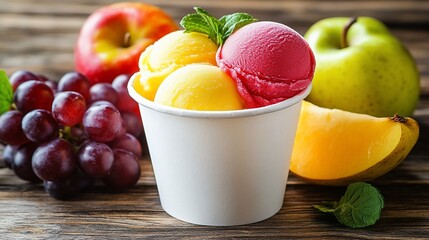 Wall Mural - Two scoops of fruit sorbet in a paper cup with fresh fruit.