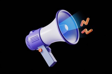 Aufkleber - A 3D rendering of a purple megaphone emitting a bright blue sound wave, signifying an announcement or promotion.