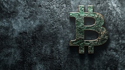 Poster - Green and gold bitcoin symbol is shining on a dark textured background, representing cryptocurrency investment, blockchain technology, and the future of finance