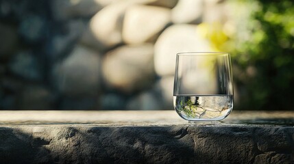 Wall Mural -   A glass of water sits atop a stone wall beside a lush plant and rock surface