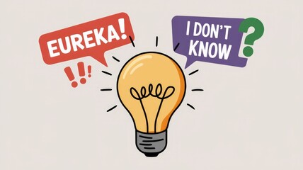 Fototapete - A lightbulb with speech bubbles showing 'Eureka!' and 'I don't know', representing the contrast between discovery and uncertainty.