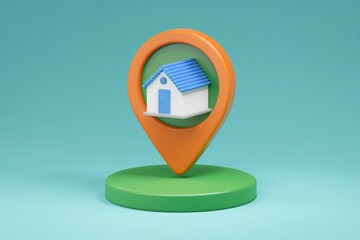 Poster - A 3D rendered image of a house icon on a location pin, symbolizing real estate or home location.