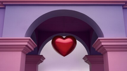 Poster - A large red heart hangs from an archway in a building with pink and purple walls.