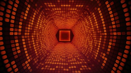 Aufkleber - Abstract digital tunnel with glowing orange mosaic tiles creating a futuristic and vibrant visual effect.