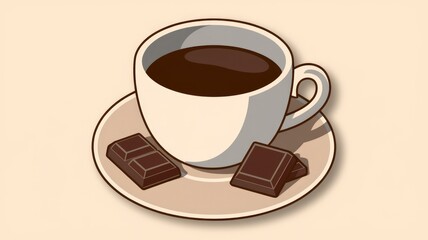 Poster - A cup of coffee with two pieces of dark chocolate on a saucer.