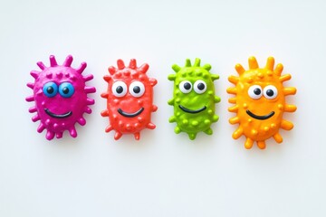 Aufkleber - Cheerful colorful microbes with smiling faces arranged in a bright display on a flat surface. Generative AI