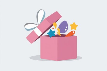 Aufkleber - An open pink gift box overflowing with colorful stars, shapes, and surprises.