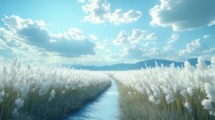 Poster - A field of tall grass with a river running through it