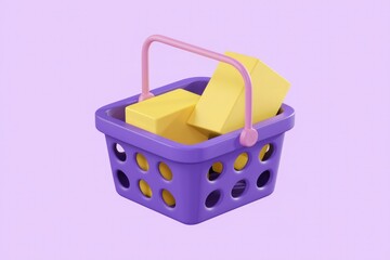 Poster - A purple shopping basket with two yellow boxes inside, a simple 3D rendering.