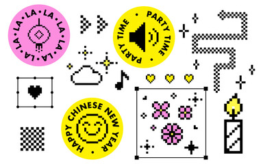 Poster - Y2k pixel art sticker set for Chinese New Year in retro 90s. Geometric shape for collage, poster, stamp. Cherry blossom, lantern, snake icon. 8 bit retro style vector illustration. Cool badge element