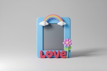 Poster - A cute blue photo frame decorated with a rainbow, clouds, a flower, and the word 'LOVE'.