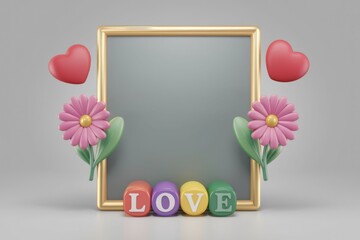 Poster - A gold frame with pink flowers, hearts, and colorful LOVE blocks creates a romantic and lovely scene.