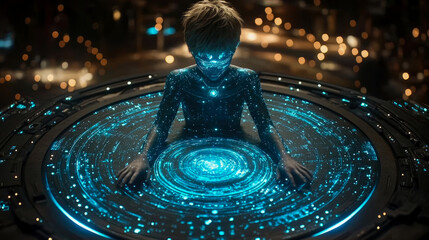 Leinwandbilder - A Futuristic Child Interacts with a Glowing Circular Interface in a Dark Setting: High-Resolution Digital Art