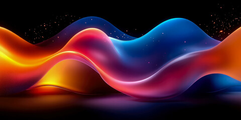 Leinwandbilder - Abstract Fluid Art: Dynamic Waves of Crimson, Orange, and Blue Hues on Black Background - High-Resolution Digital Artwork